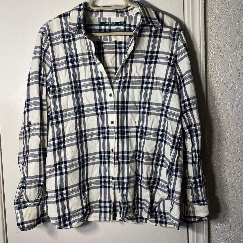 Lauren Ralph Lauren Blue Plaid‎ Button Down Shirt M | Preppy Coastal Grandmother